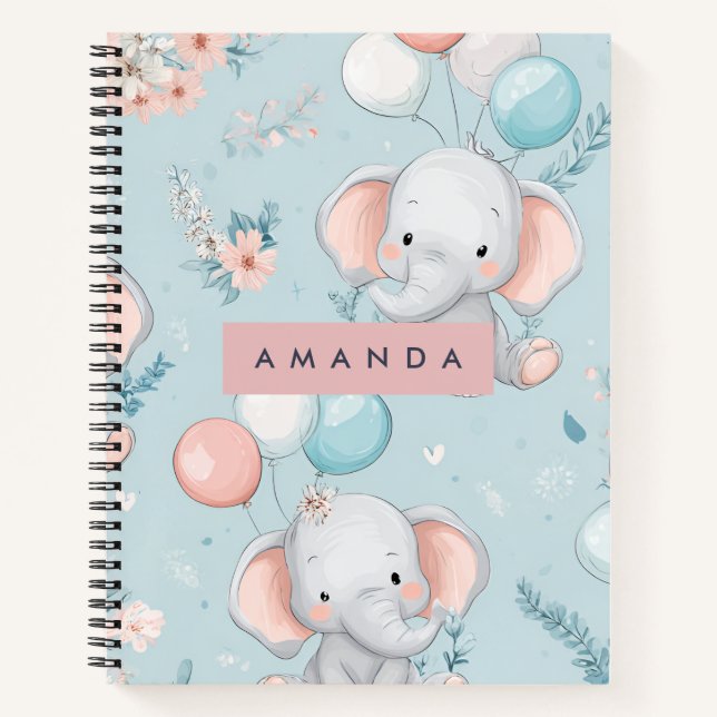 Personalized Whimsical Baby Elephant Pattern Notebook (Front)