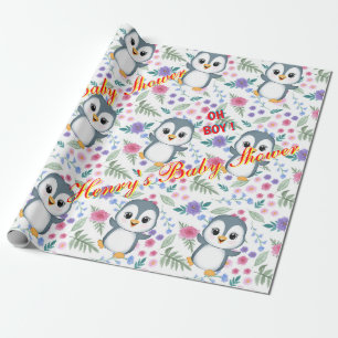 Personalized Whimsical Blu Penguin Wrapping paper