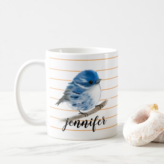 Personalized Whimsical Blue Warbler Bird Mug (With Donut)
