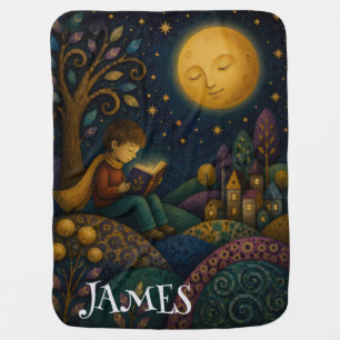 PERSONALIZED WHIMSICAL BOY READING UNDER MOON BABY BLANKET