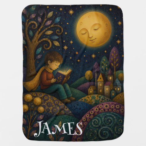PERSONALIZED WHIMSICAL BOY READING UNDER MOON BABY BLANKET