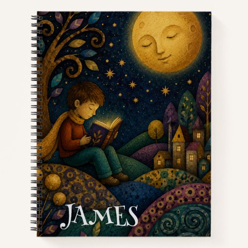 PERSONALIZED WHIMSICAL BOY READING UNDER MOON NOTEBOOK