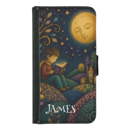 PERSONALIZED WHIMSICAL BOY READING UNDER MOON SAMSUNG GALAXY S5 WALLET CASE