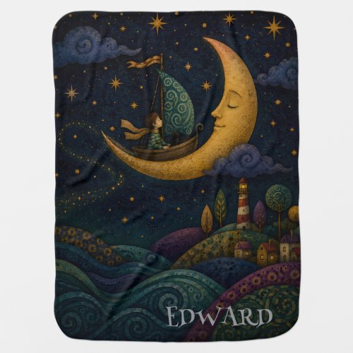 PERSONALIZED WHIMSICAL BOY SAILING GOLDEN MOON BABY BLANKET