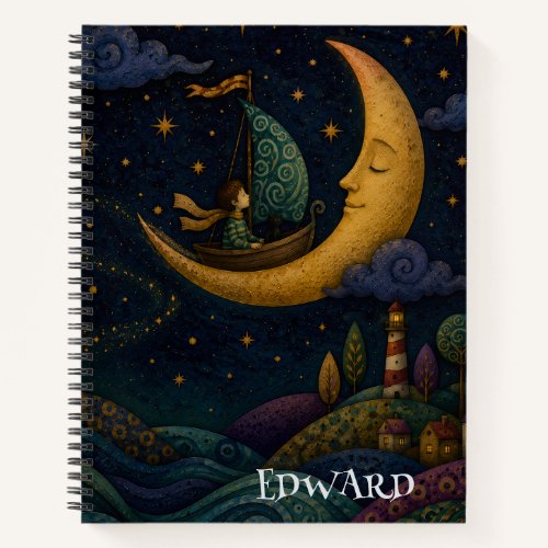 PERSONALIZED WHIMSICAL BOY SAILING GOLDEN MOON NOTEBOOK
