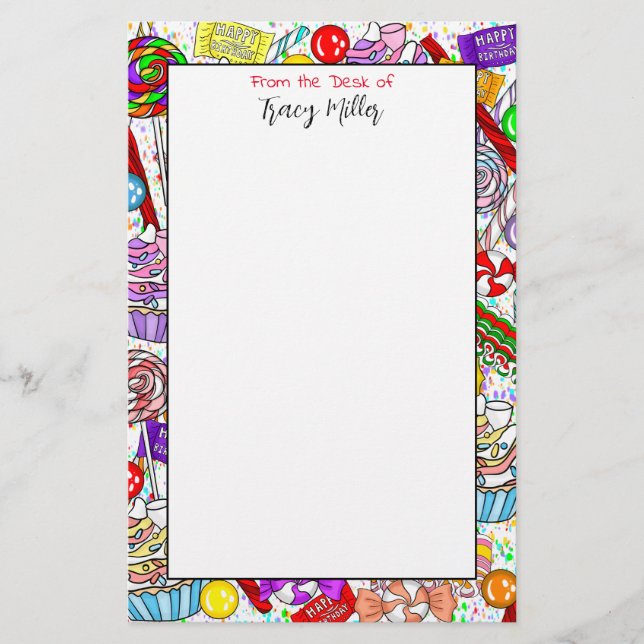 Personalized Whimsical Candy and Cupcakes Stationery (Front)
