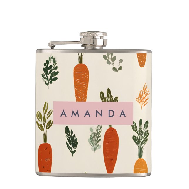 Personalized Whimsical Carrot Patch Rustic Flask (Front)