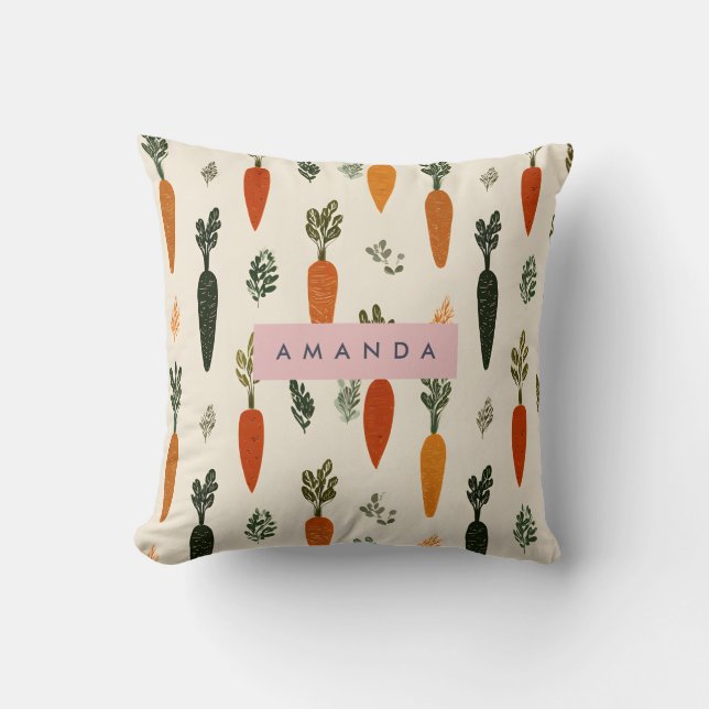Personalized Whimsical Carrot Patch Rustic Throw Pillow (Front)