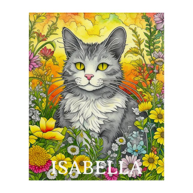 Personalized Whimsical Cat and Flowers Acrylic Print (Front)