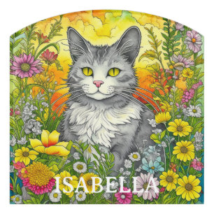 Personalized Whimsical Cat and Flowers Door Sign