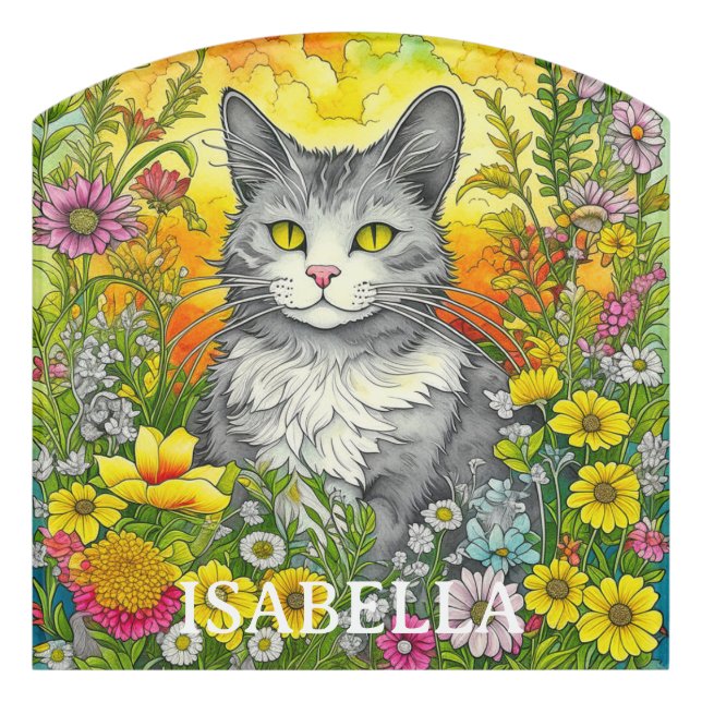 Personalized Whimsical Cat and Flowers Door Sign (Contour Front)