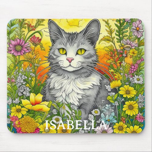Personalized Whimsical Cat and Flowers Mouse Pad