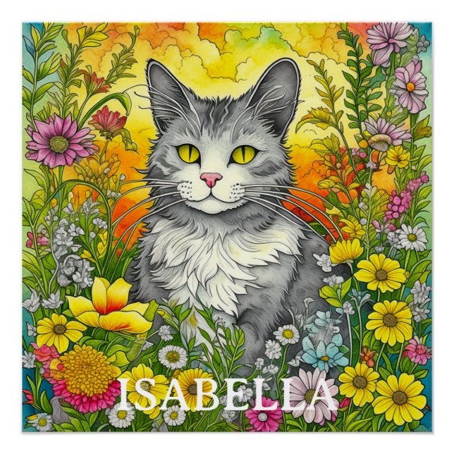 Personalized Whimsical Cat and Flowers Poster (Front)