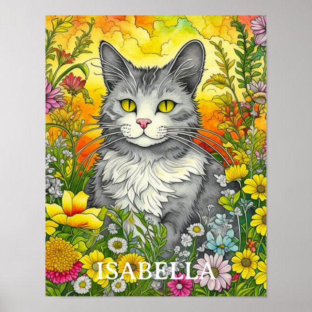 Personalized Whimsical Cat and Flowers Poster (Front)