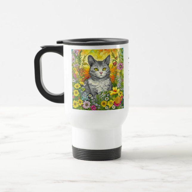 Personalized Whimsical Cat and Flowers Travel Mug (Left)