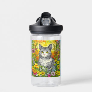 Personalized Whimsical Cat and Flowers Water Bottle