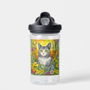 Personalized Whimsical Cat and Flowers Water Bottle