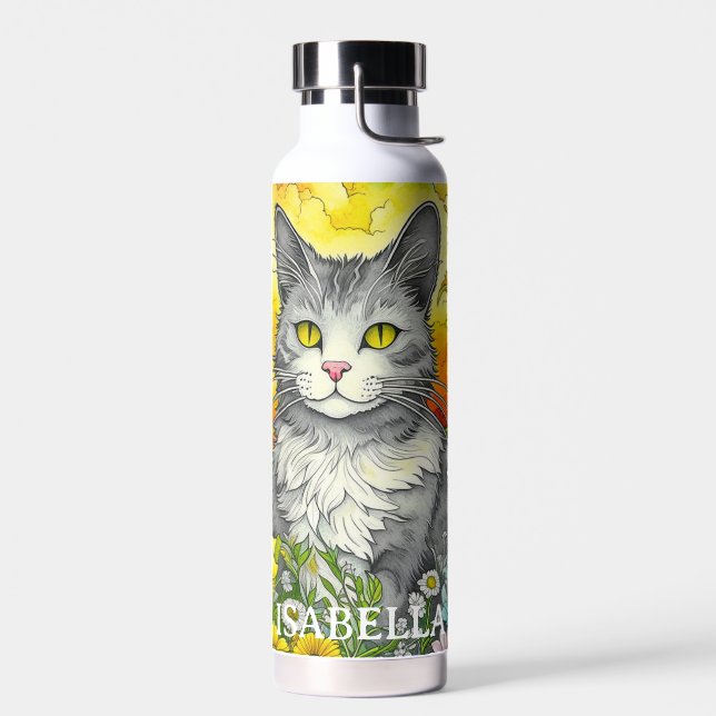 Personalized Whimsical Cat and Flowers Water Bottle (Left)