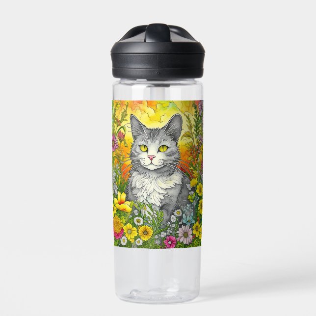 Personalized Whimsical Cat and Flowers Water Bottle (Front)