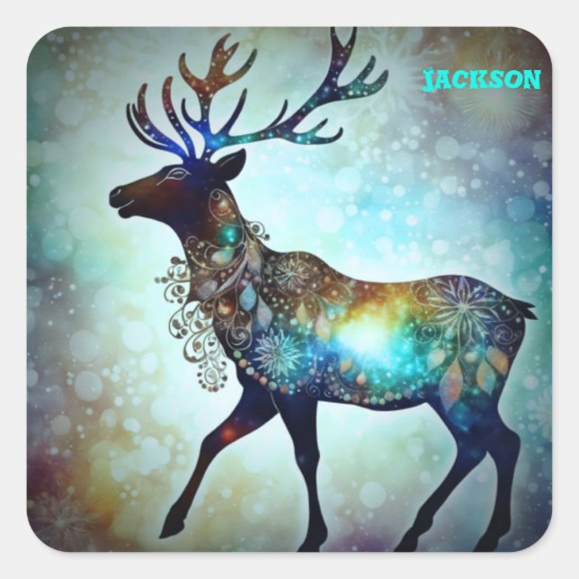 Personalized Whimsical Christmas Reindeer Labels,  Square Sticker (Front)