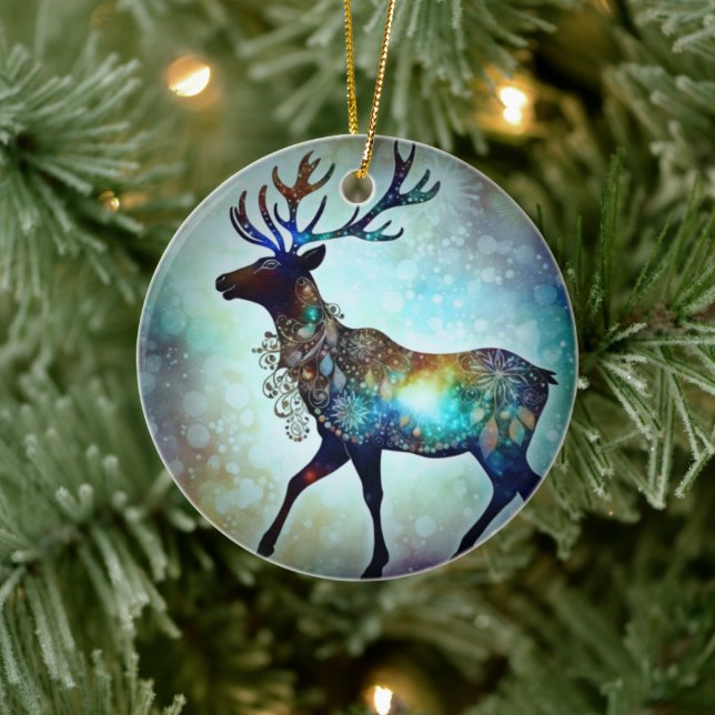 Personalized Whimsical Christmas Reindeer Tree Ceramic Ornament (Tree)