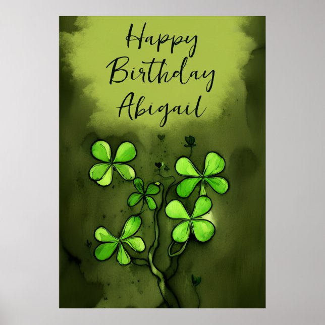 Personalized Whimsical Clovers Happy Birthday Poster (Front)