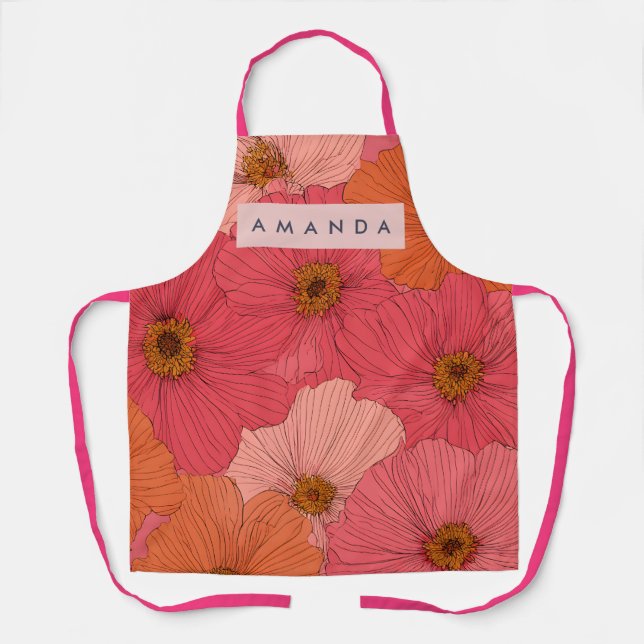 Personalized Whimsical Coral and Peach Flowers Apron (Front)