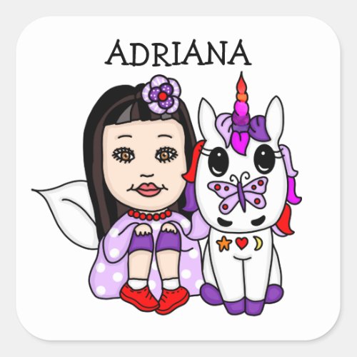 Personalized Whimsical Fairy and Unicorn   Square Sticker