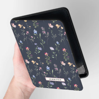 Personalized Whimsical Floral Pattern Navy Blue Kindle Cover