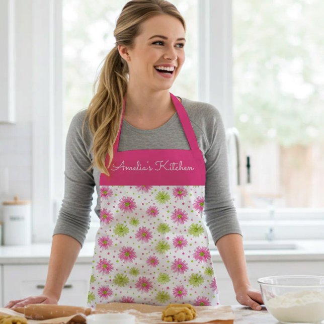 Personalized Whimsical Floral Pink Green Apron (Creator Uploaded)