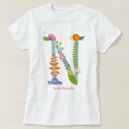 Personalized Whimsical Flower Monogram (n) T-shirt