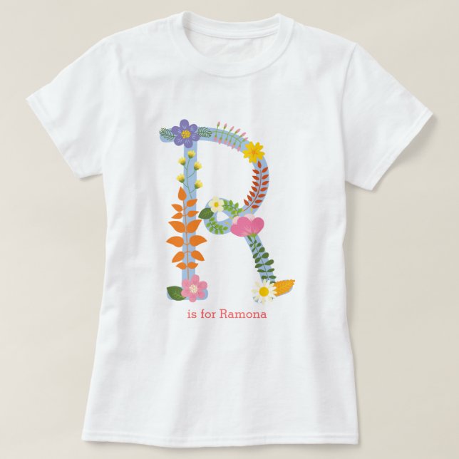 Personalized Whimsical Flower Monogram (R) T-Shirt (Design Front)