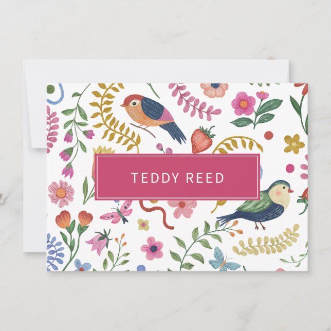  Personalized Whimsical Flowers Birds Note Card (Front)
