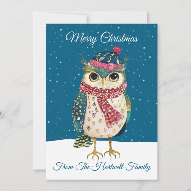 Personalized Whimsical Folk Art Style Owl Holiday Card (Front)