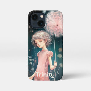 Personalized Whimsical Girl in Pink & Dandelion iPhone 13 Mini Case
