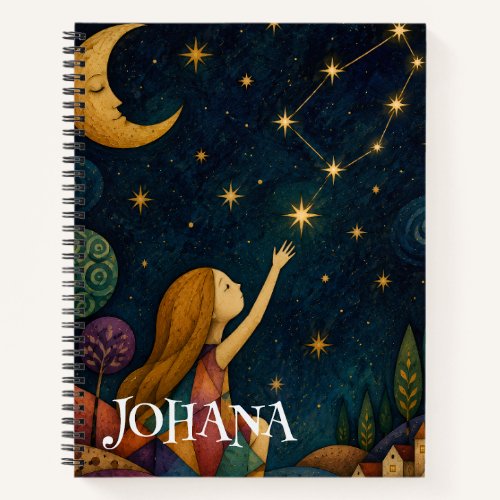 PERSONALIZED WHIMSICAL GIRL REACHING FOR STARS NOTEBOOK