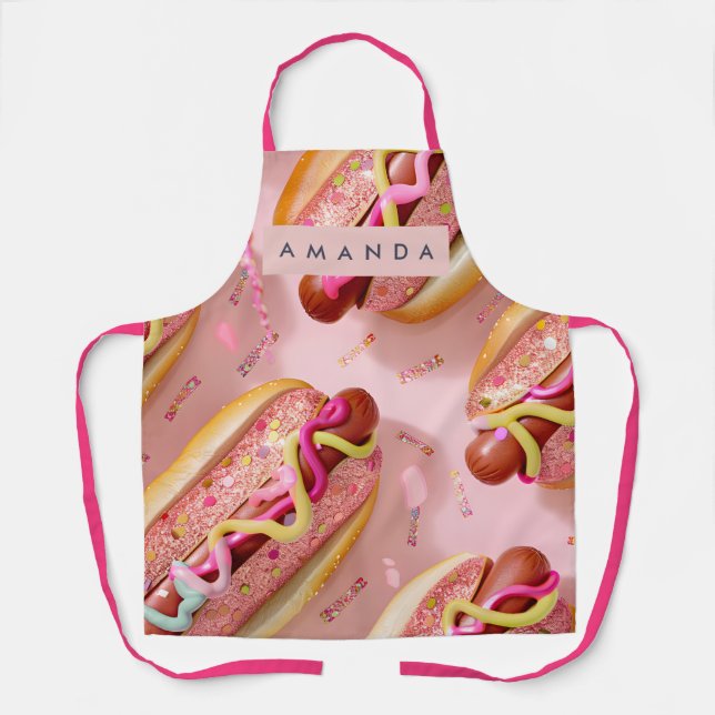 Personalized Whimsical Glitter Hot Dog Party Apron (Front)