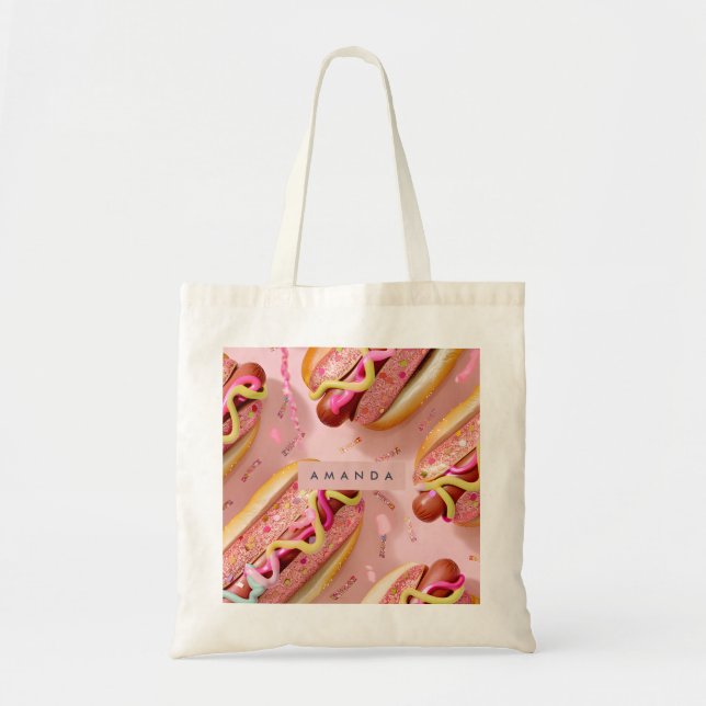 Personalized Whimsical Glitter Hot Dog Party Tote Bag (Front)
