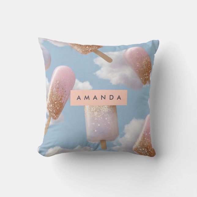 Personalized Whimsical Glitter Popsicle Pattern Throw Pillow (Front)
