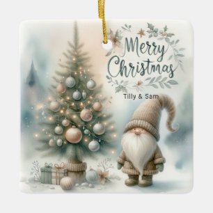 Personalized Whimsical Gnome Christmas Tree Ceramic Ornament