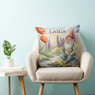 Personalized whimsical gnome flowers pillow