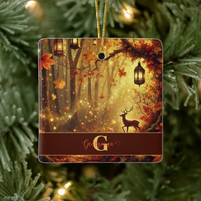 Personalized Whimsical Golden Autumnal Woodland Ceramic Ornament (Tree)