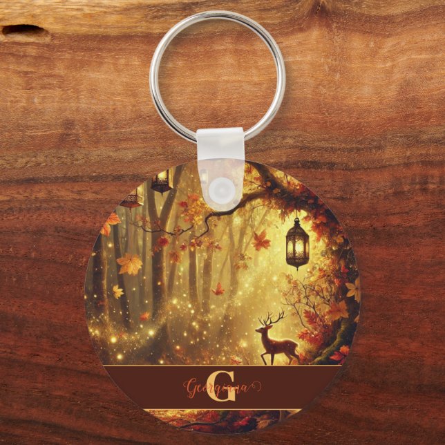 Personalized Whimsical Golden Autumnal Woodland Keychain (Front)
