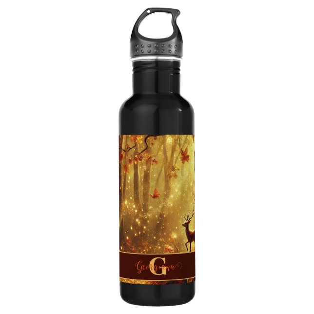 Personalized Whimsical Golden Autumnal Woodland Stainless Steel Water Bottle (Front)