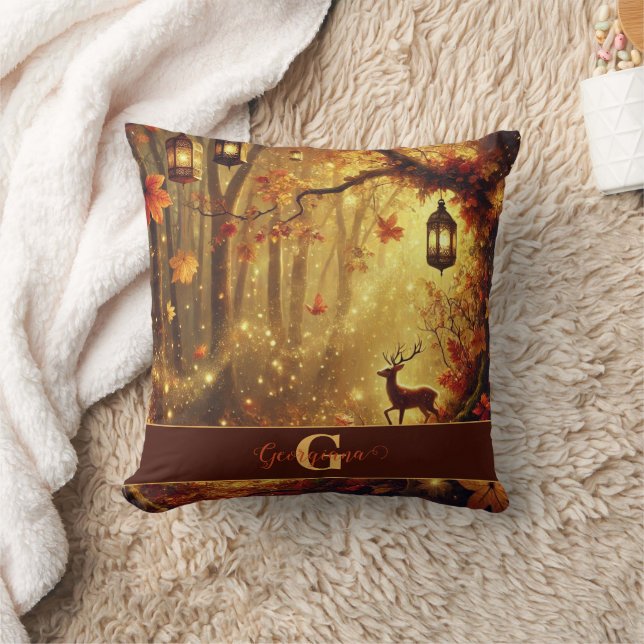 Personalized Whimsical Golden Autumnal Woodland Throw Pillow (Blanket)
