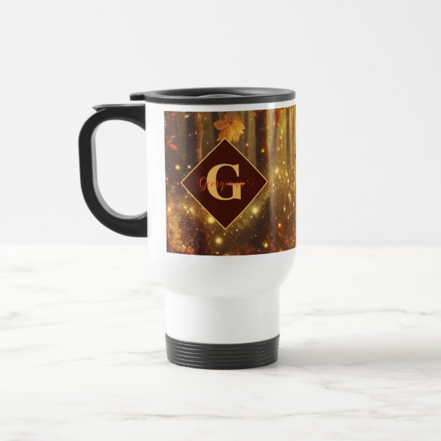 Personalized Whimsical Golden Autumnal Woodland Travel Mug (Left)