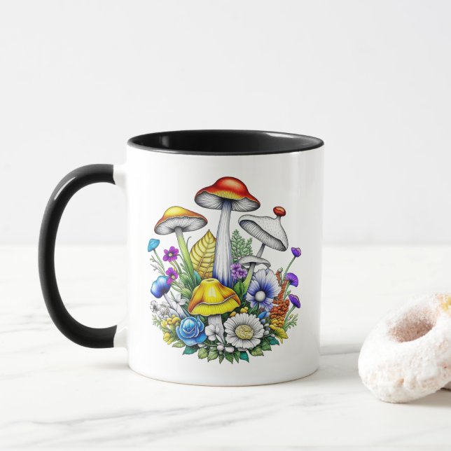 Personalized Whimsical Magical Mushrooms Flowers Mug (With Donut)