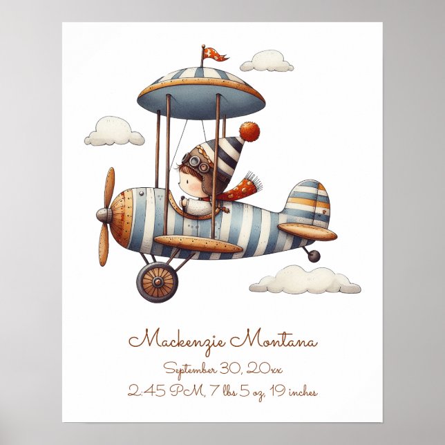 Personalized Whimsical Nursery Art Child and Plane Poster (Front)