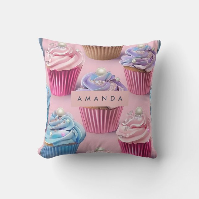 Personalized Whimsical Pastel Cupcake Dreams Throw Pillow (Front)