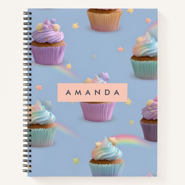 Personalized Whimsical Pastel Cupcakes Pattern Notebook (Front)